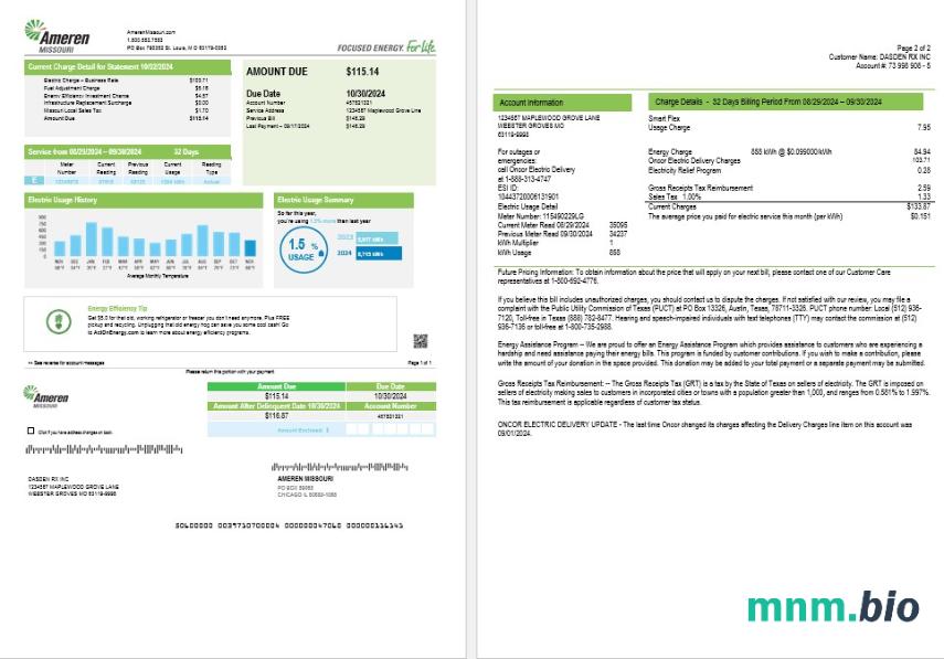 USA Ameren Missouri electricity rachunek za usługi komunalne szablon w formacie Word i PDF (2 strony)